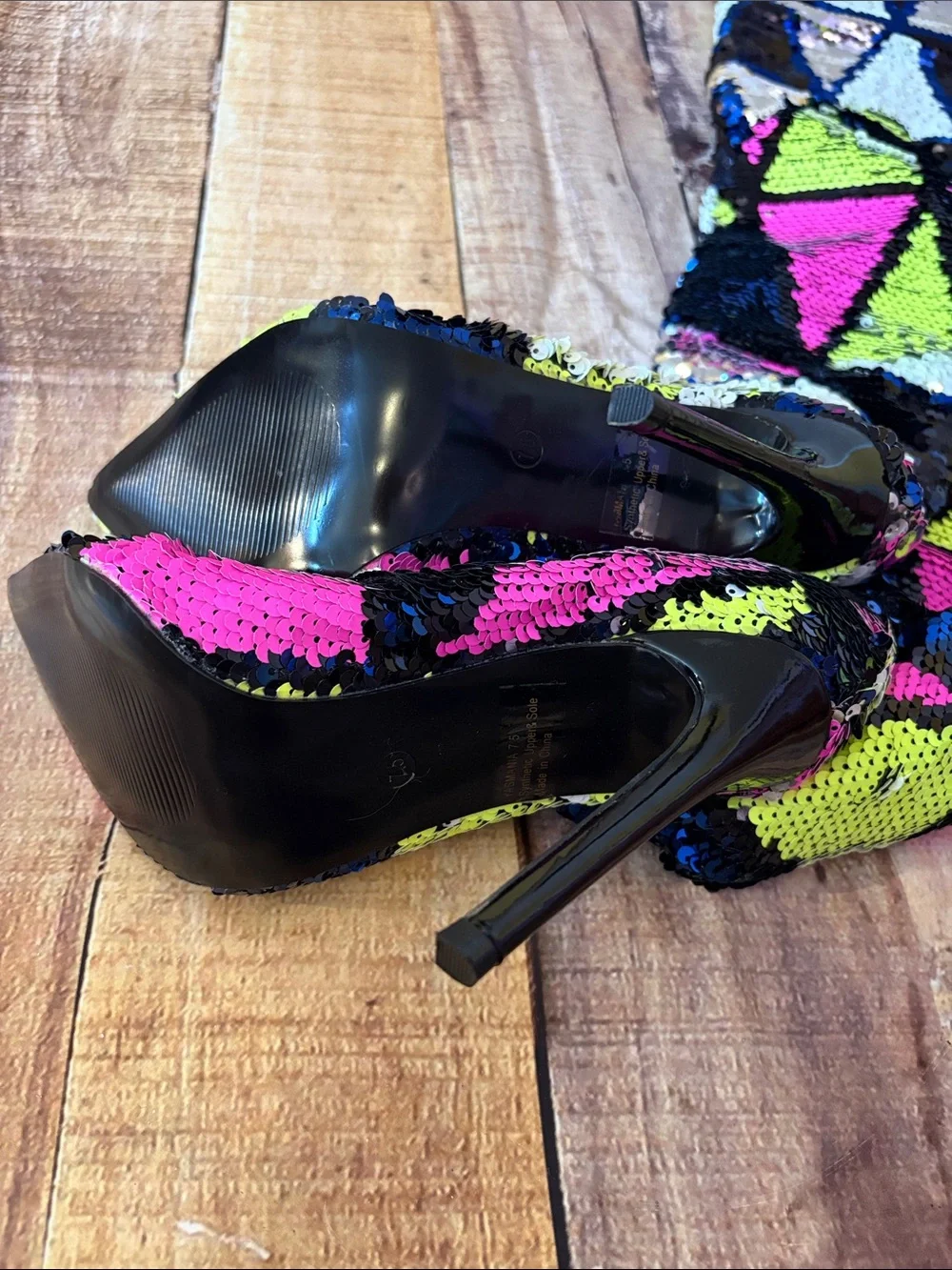 Over-The-Knee Sequin Geometric Stiletto Boots in Neon Multi / Color Changing